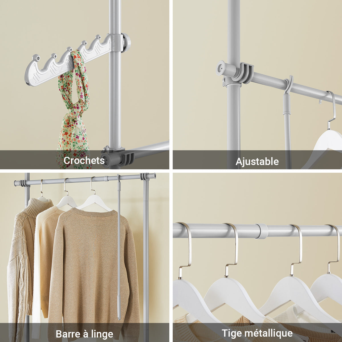 SoBuy KLS03-II-HG Portant à vêtements télescopique robuste – Penderie ouverte réglable avec tringles pour chambre/dressing, Gris