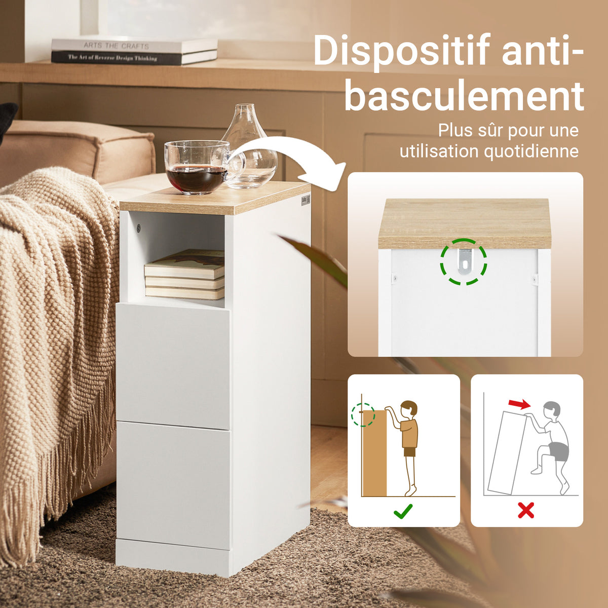 SoBuy FBT149-WN Table de Chevet Étroit 20 cm, 2 Tiroirs et Étagère – Table de Nuit Slim Gain de Place, Blanc Naturel