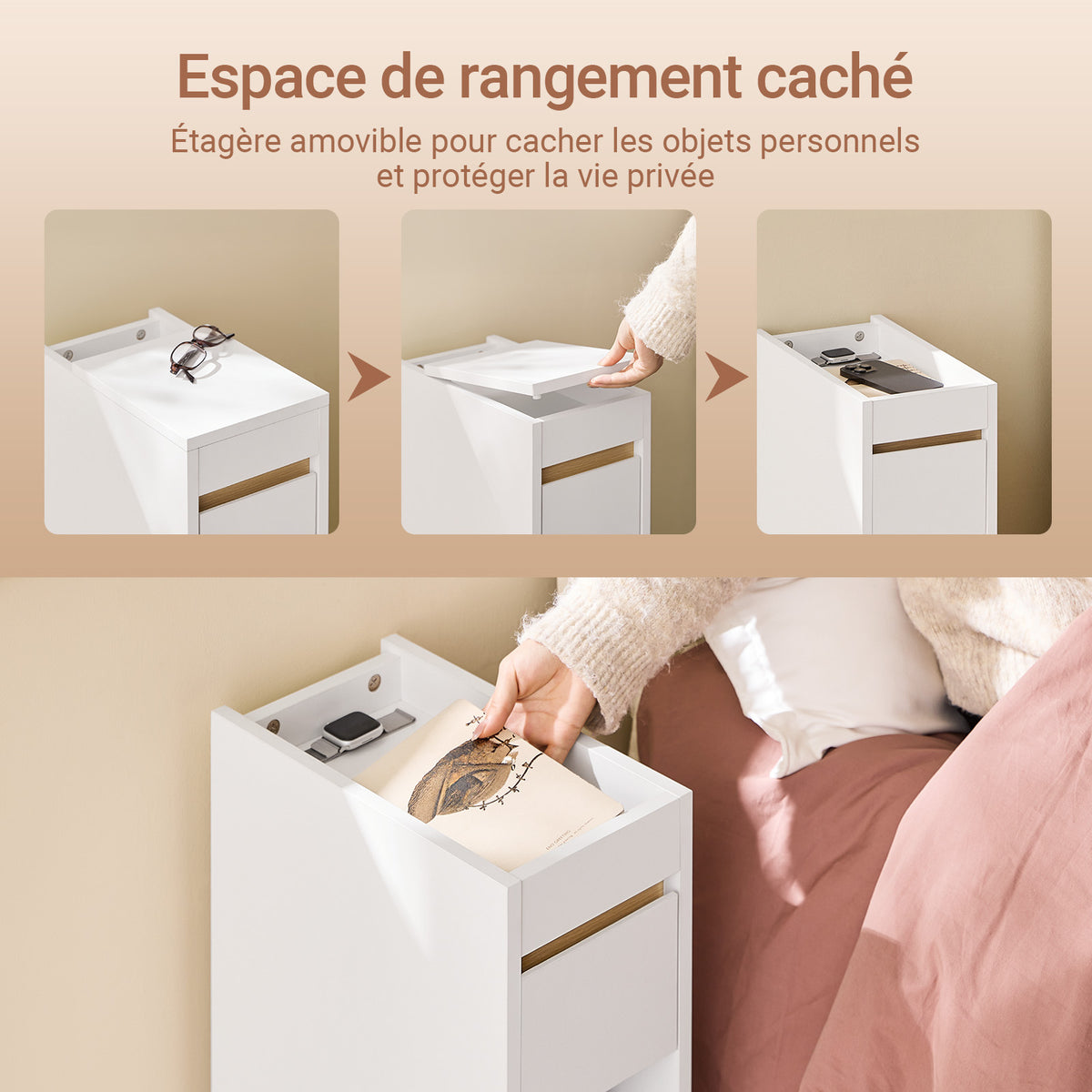 SoBuy FBT163-WN Table de Chevet Slim avec Tiroir, Plateau Amovible et Découpe pour Plinthe – L20×P35×H60 cm, Charge 20 kg, Blanc et Naturel