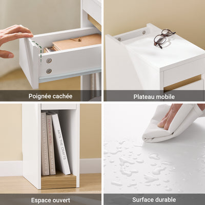 SoBuy FBT163-WN Table de Chevet Slim avec Tiroir, Plateau Amovible et Découpe pour Plinthe – L20×P35×H60 cm, Charge 20 kg, Blanc et Naturel