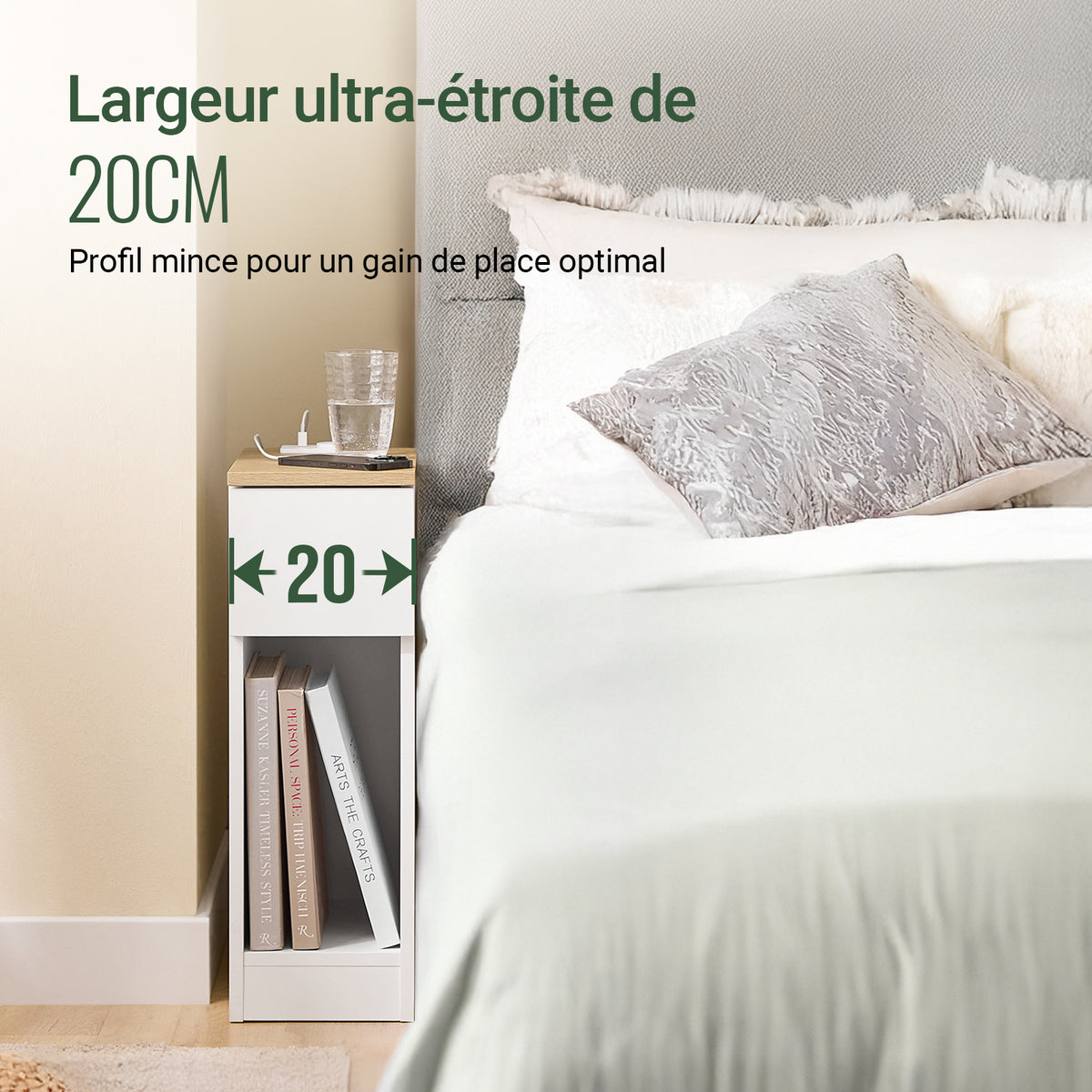 SoBuy FBT111-E-WNx2 Lot de 2 Tables de Chevet Slim 20 cm avec Station de Charge Intégrée, Prise + USB + Type-C, Tiroir et Étagère – Blanc