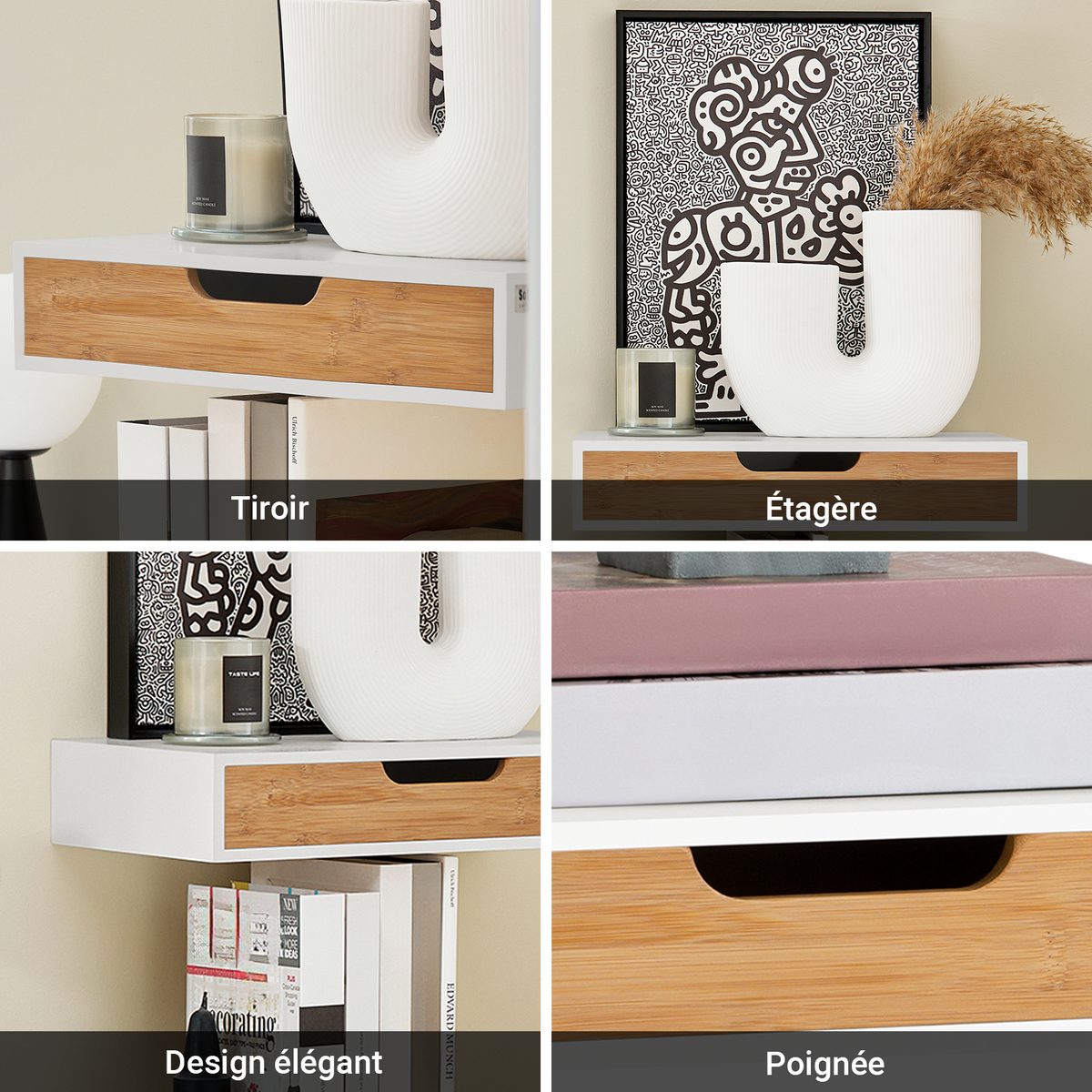 SoBuy FRG92-WNx2 Lot de 2 Étagères Murales Flottantes avec Tiroir, Étagère Murale Moderne pour Entrée, Salon, Cuisine ou Chambre, Blanc & Nature 40×24×8 cm