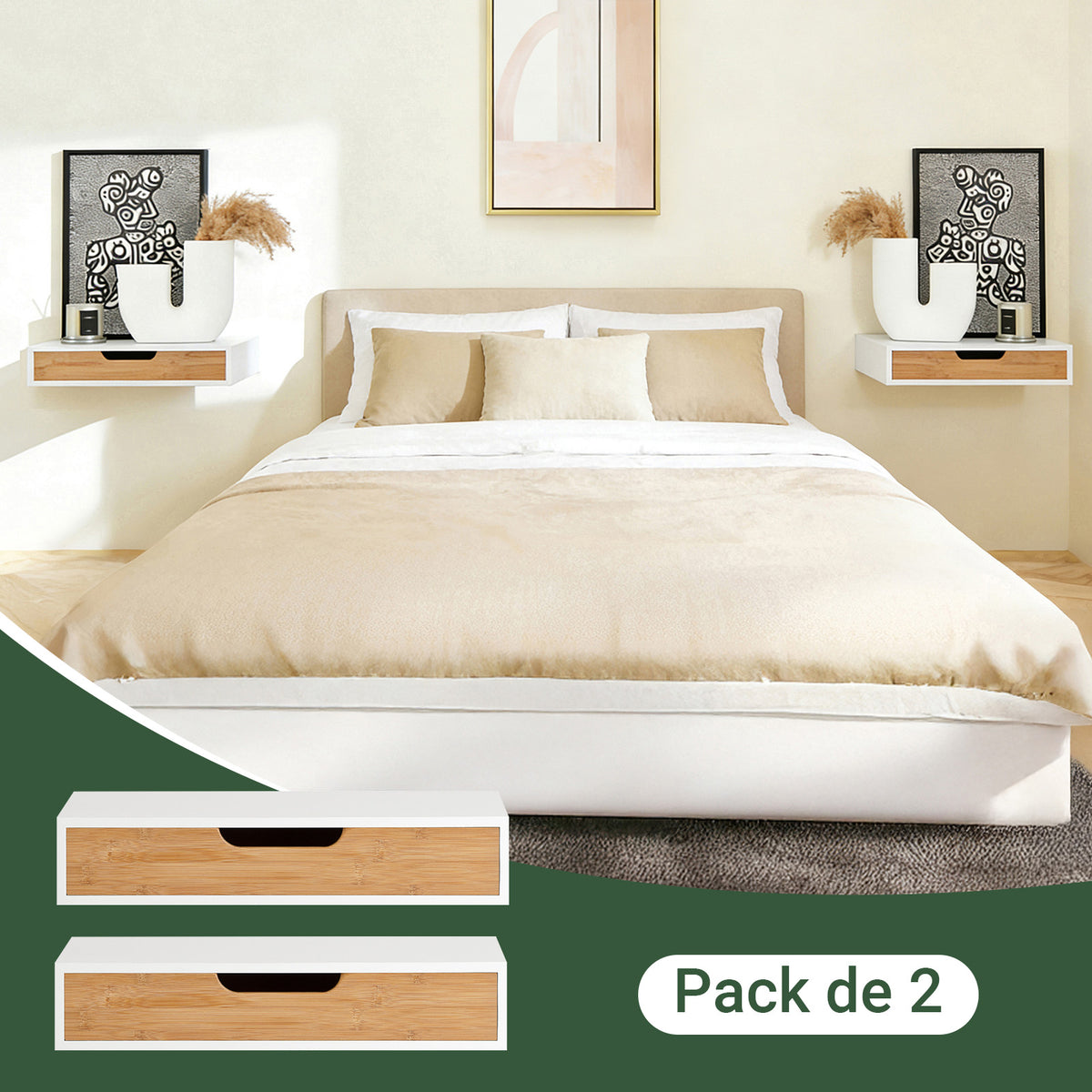 SoBuy FRG92-WNx2 Lot de 2 Étagères Murales Flottantes avec Tiroir, Étagère Murale Moderne pour Entrée, Salon, Cuisine ou Chambre, Blanc & Nature 40×24×8 cm