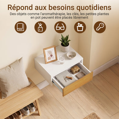 SoBuy FBT174-E-WN Table de Chevet Murale avec Lampe LED à Détection de Mouvement, 2 Tiroirs – Flottante, Blanc Naturel, 40×29,8×15,6 cm