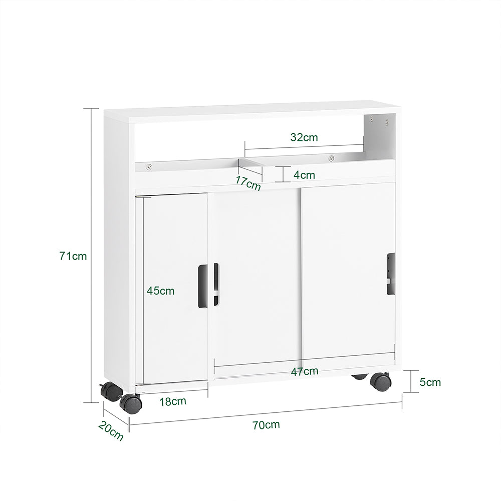 SoBuy BZR02-W Meuble Salle de Bain à Roulettes avec 2 Portes Coulissantes – L70×P20×H71 cm, Charge 30 kg, MDF E1, Blanc