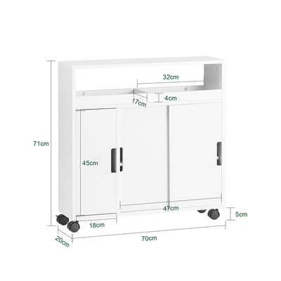 SoBuy BZR02-W Meuble Salle de Bain à Roulettes avec 2 Portes Coulissantes – L70×P20×H71 cm, Charge 30 kg, MDF E1, Blanc