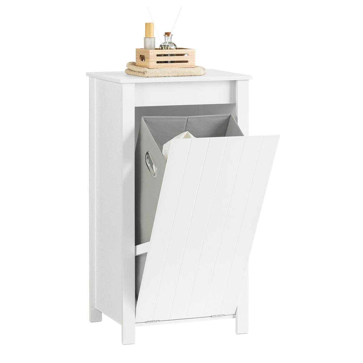 SoBuy BZR100-W Meuble Salle de Bain avec Panier à Linge Rabattable Armoire de Salle de Bain avec Sac à Linge Amovible & poign