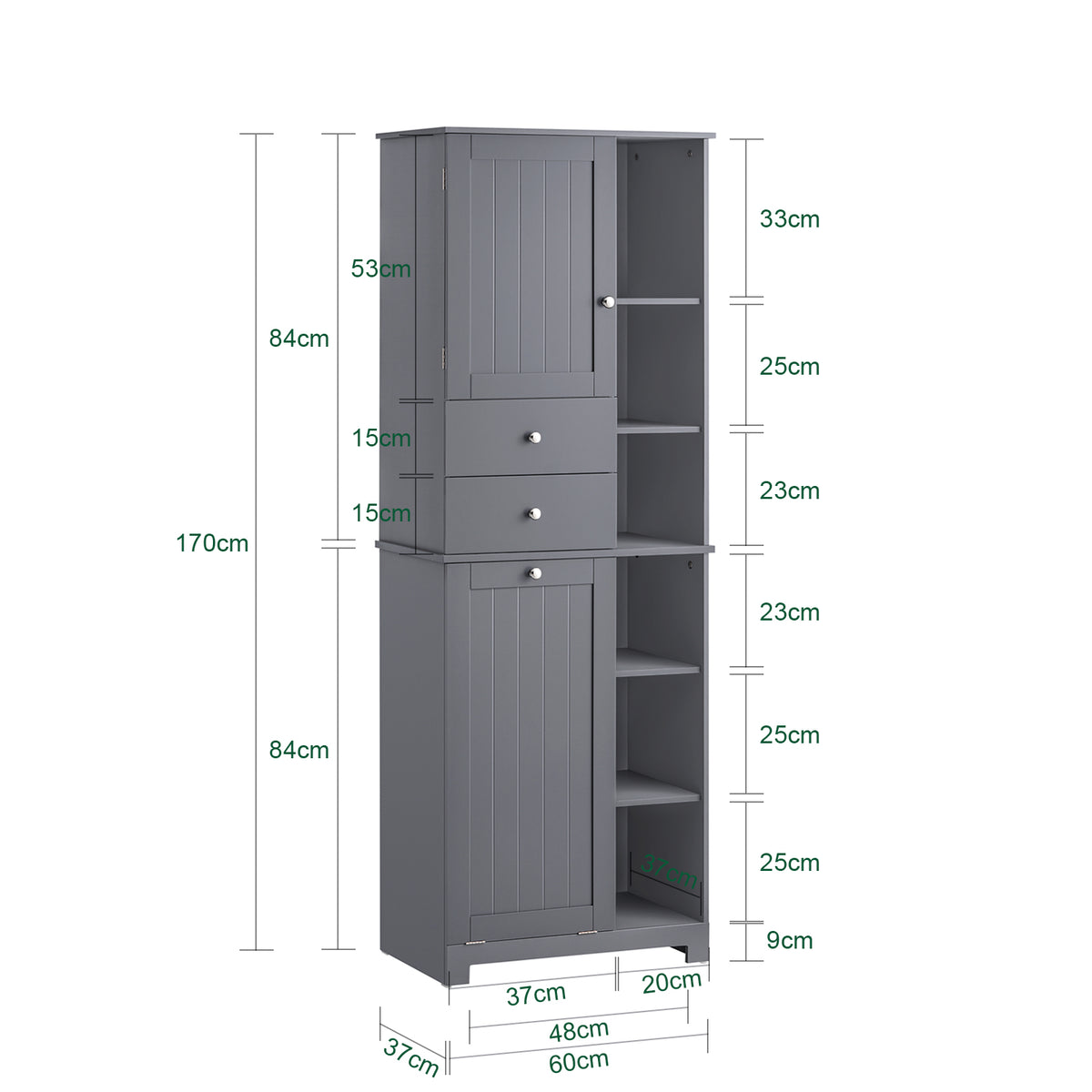 SoBuy BZR104-DG Colonne Salle de Bain Grise 171cm, Panier à Linge Amovible, 6 Étagères, 2 Tiroirs, Anti-Basculement, Charge 70 kg – 60x37x171 cm