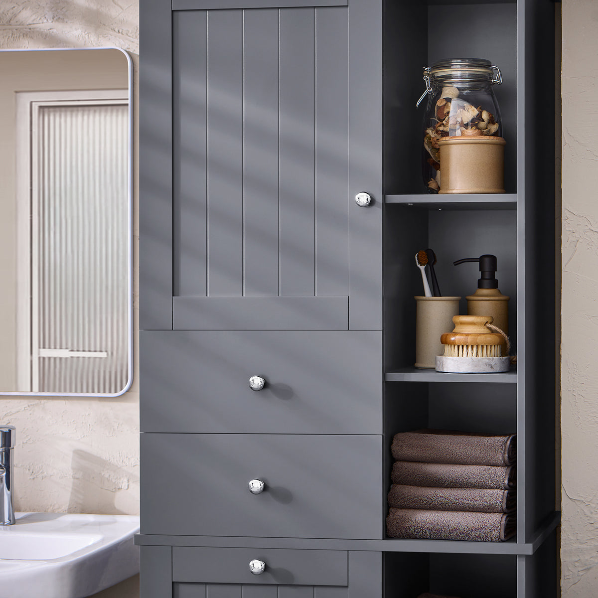 SoBuy BZR104-DG Colonne Salle de Bain Grise 171cm, Panier à Linge Amovible, 6 Étagères, 2 Tiroirs, Anti-Basculement, Charge 70 kg – 60x37x171 cm