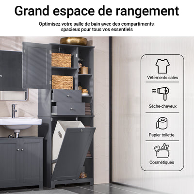 SoBuy BZR104-DG Colonne Salle de Bain Grise 171cm, Panier à Linge Amovible, 6 Étagères, 2 Tiroirs, Anti-Basculement, Charge 70 kg – 60x37x171 cm