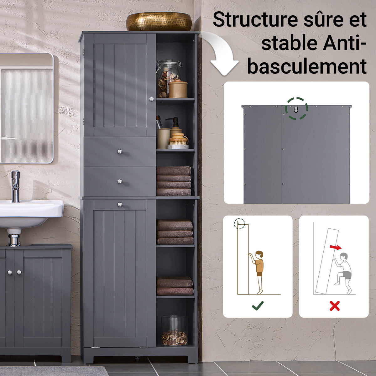 SoBuy BZR104-DG Colonne Salle de Bain Grise 171cm, Panier à Linge Amovible, 6 Étagères, 2 Tiroirs, Anti-Basculement, Charge 70 kg – 60x37x171 cm
