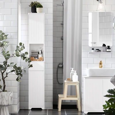 SoBuy BZR109-W Meuble Colonne Salle de Bain 170 cm Slim 30 cm 2 Portes Étagères Réglables Tiroir Anti-Basculement – Blanc