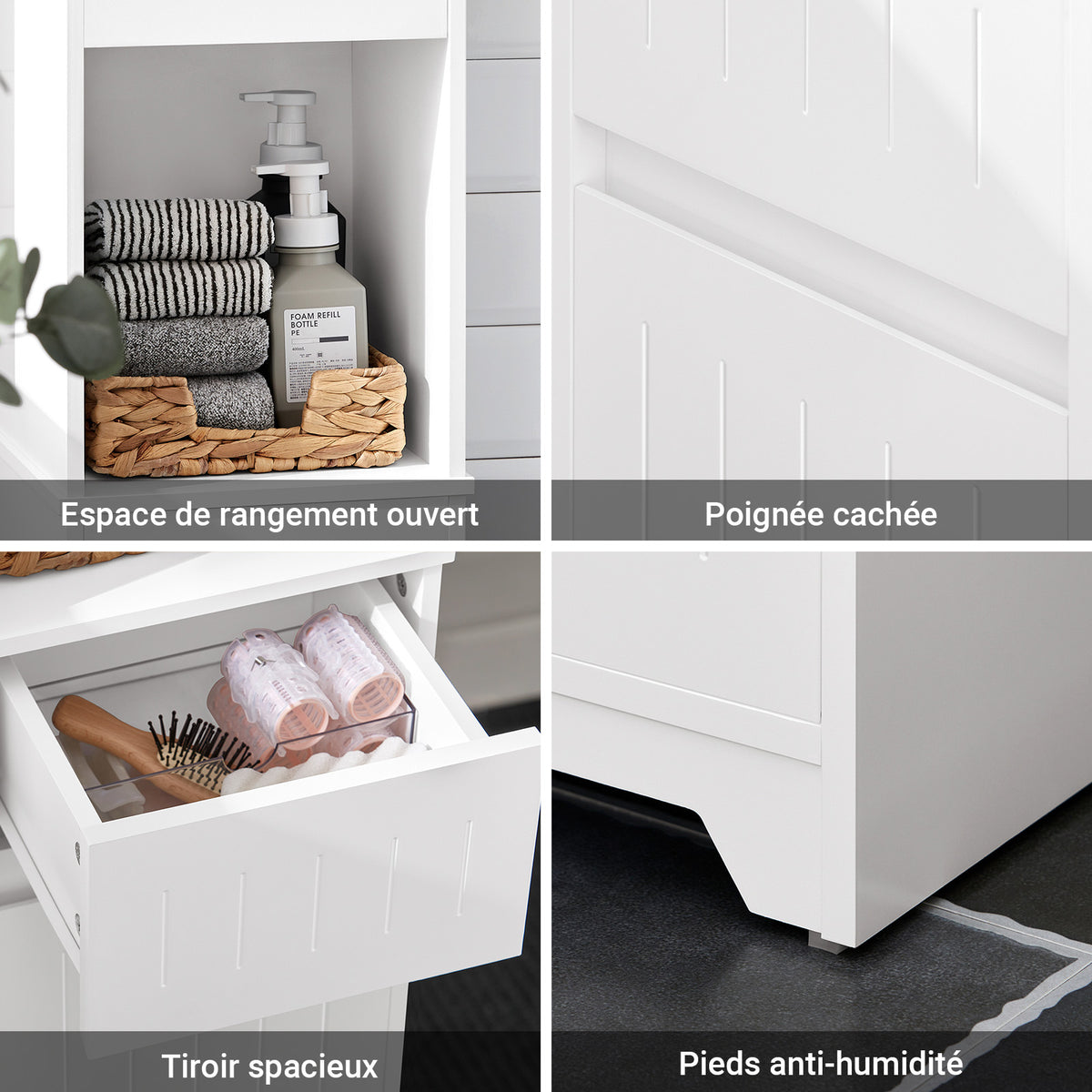 SoBuy BZR109-W Meuble Colonne Salle de Bain 170 cm Slim 30 cm 2 Portes Étagères Réglables Tiroir Anti-Basculement – Blanc
