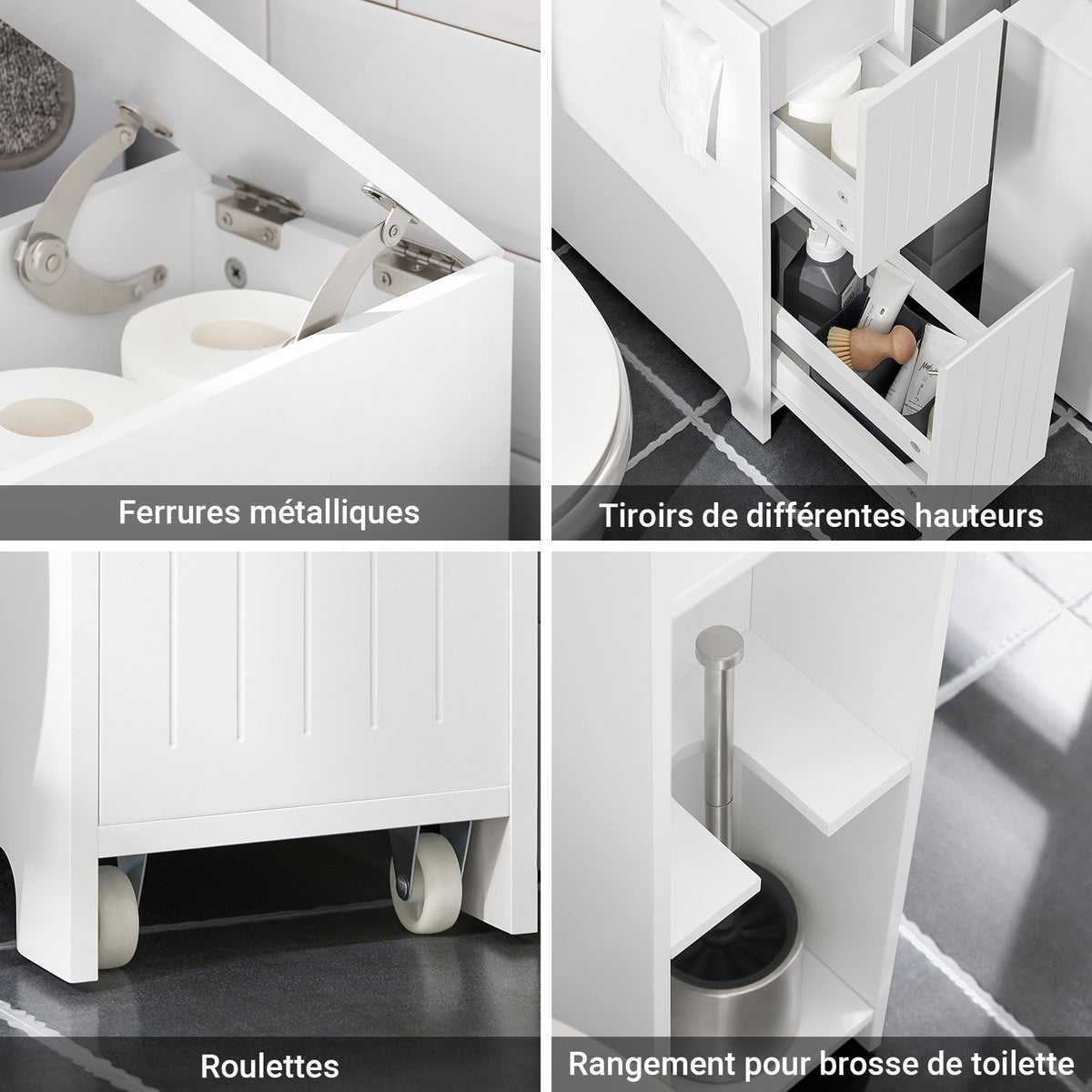 SoBuy BZR111-W Meuble WC Étroit 20 cm sur Roulettes – Rangement Papier Toilette, 2 Tiroirs, Blanc
