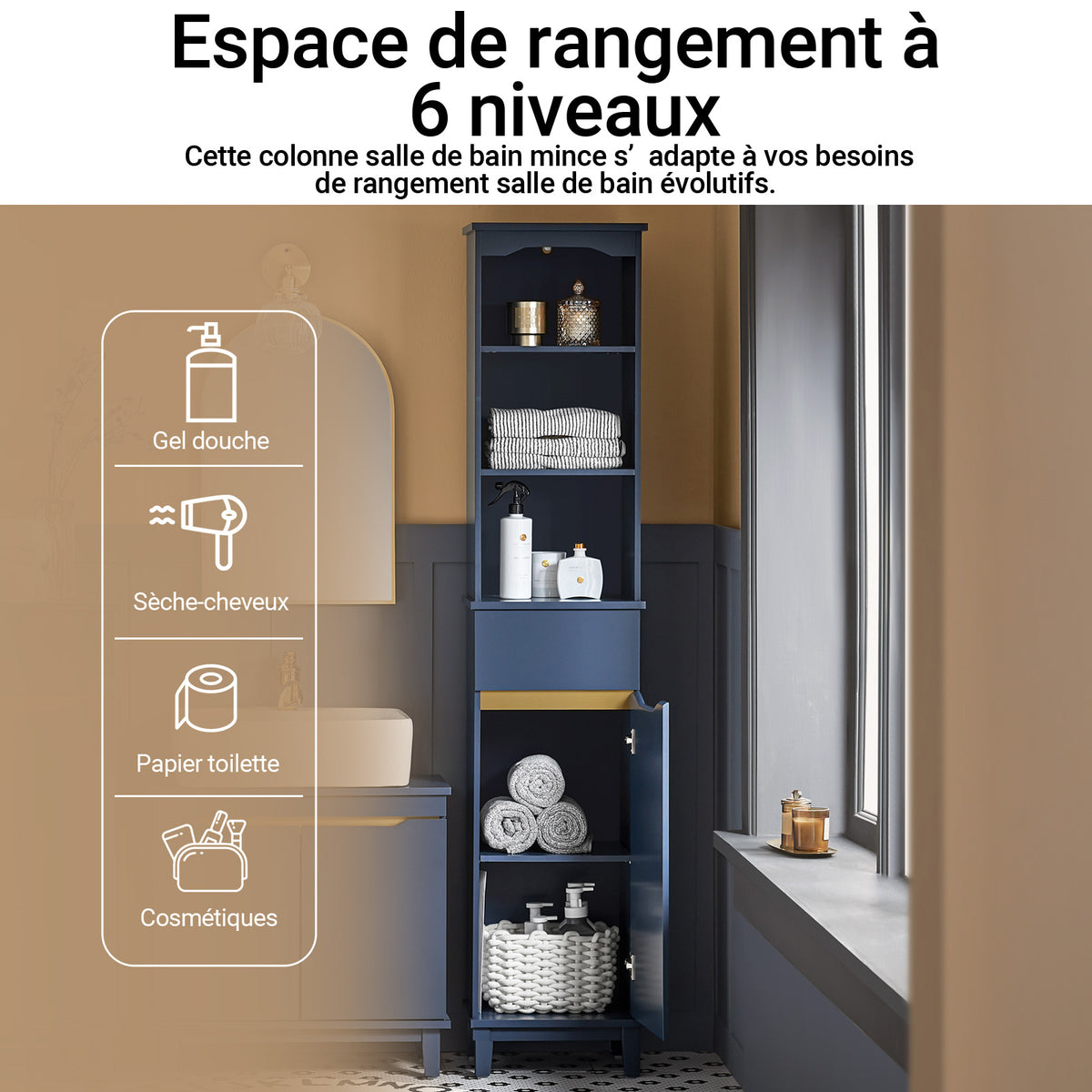 SoBuy BZR112-B Colonne de Salle de Bain Bleue – 3 Niches, 1 Tiroir et 1 Porte, 35 × 30 × 170 cm