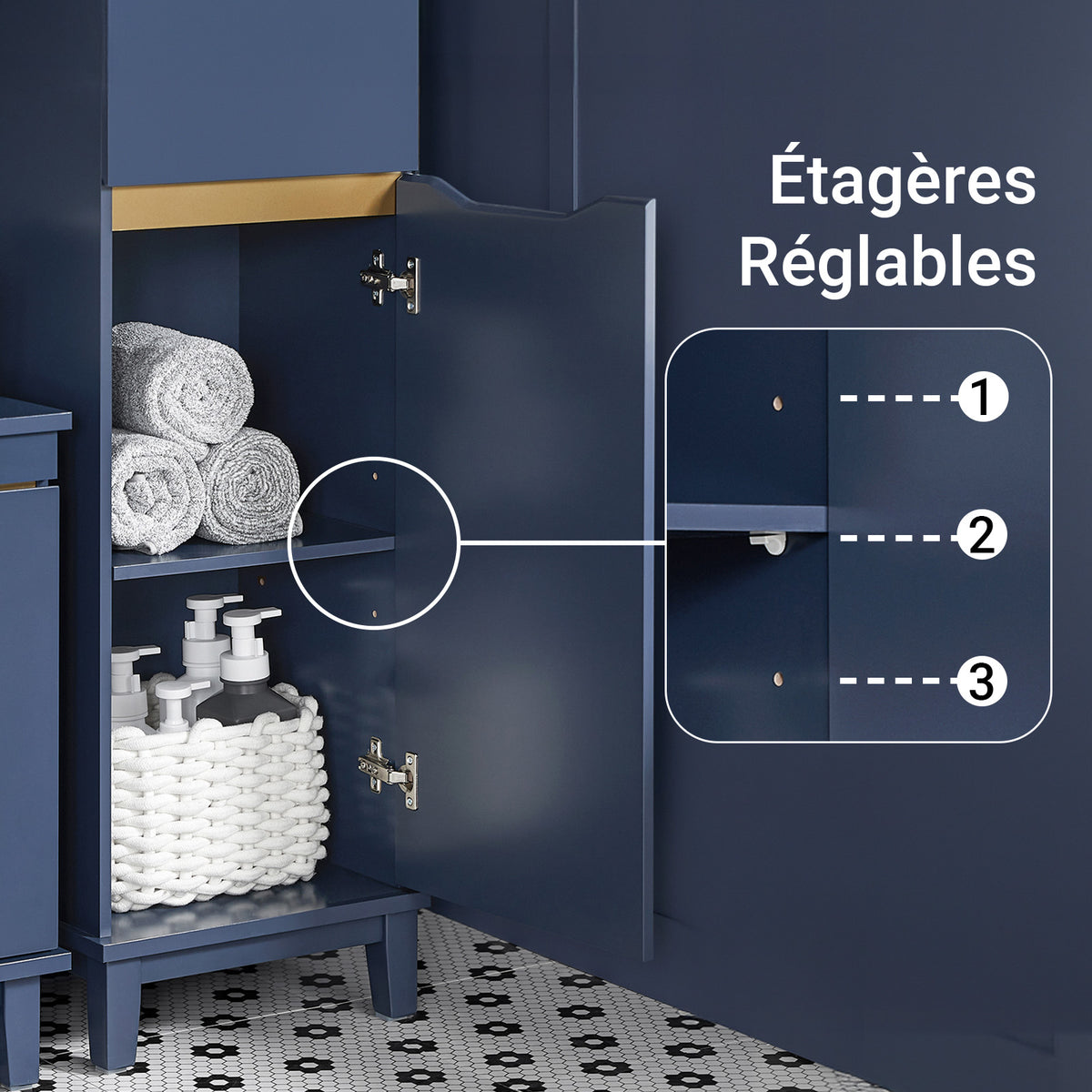 SoBuy BZR112-B Colonne de Salle de Bain Bleue – 3 Niches, 1 Tiroir et 1 Porte, 35 × 30 × 170 cm