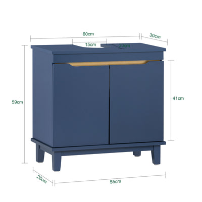 SoBuy BZR113-B Meuble sous Lavabo – 60 × 30 × 59 cm, 2 Portes, Pieds en Pin, Bleu Foncé