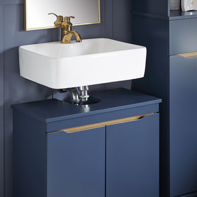 SoBuy BZR113-B Meuble sous Lavabo – 60 × 30 × 59 cm, 2 Portes, Pieds en Pin, Bleu Foncé