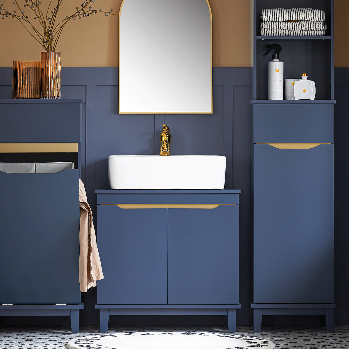 SoBuy BZR113-B Meuble sous Lavabo – 60 × 30 × 59 cm, 2 Portes, Pieds en Pin, Bleu Foncé
