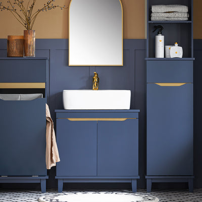 SoBuy BZR113-B Meuble sous Lavabo – 60 × 30 × 59 cm, 2 Portes, Pieds en Pin, Bleu Foncé