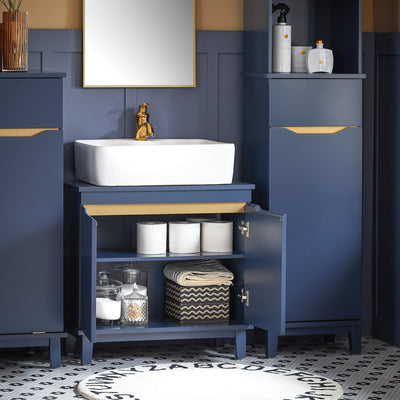 SoBuy BZR113-B Meuble sous Lavabo – 60 × 30 × 59 cm, 2 Portes, Pieds en Pin, Bleu Foncé