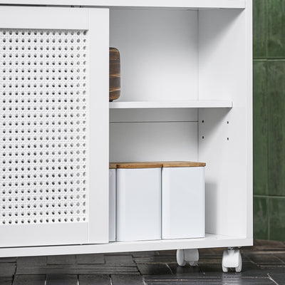 SoBuy BZR119-W Meuble WC à Roulettes avec 2 Portes Coulissantes en Rotin – L65×P20×H70 cm, Charge 35 kg, MDF E1, Blanc