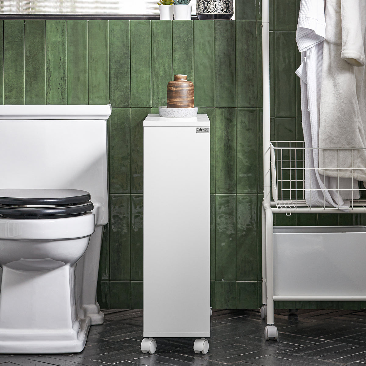 SoBuy BZR119-W Meuble WC à Roulettes avec 2 Portes Coulissantes en Rotin – L65×P20×H70 cm, Charge 35 kg, MDF E1, Blanc