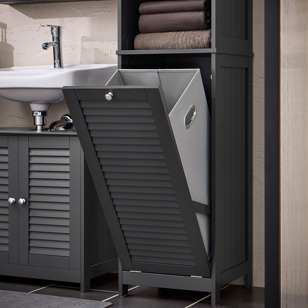 SoBuy BZR124-DG Meuble Colonne avec Panier à Linge – Armoire de Salle de Bain Rangement Étroit Étagère de Salle de Bain Petit Meuble WC Placard Gris 40x170x38 cm