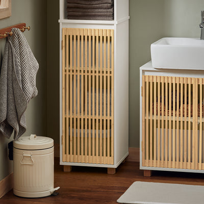 SoBuy BZR127-W Colonne Salle de Bain Rangement Fonctionnel et Compact, Gain de Place, pour Salle de Bain et WC – L33×P33×H165 cm, Bambou, Blanc et Naturel
