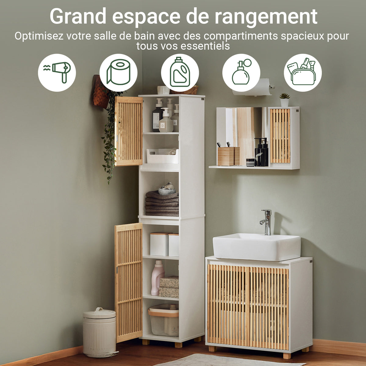 SoBuy BZR127-W Colonne Salle de Bain Rangement Fonctionnel et Compact, Gain de Place, pour Salle de Bain et WC – L33×P33×H165 cm, Bambou, Blanc et Naturel