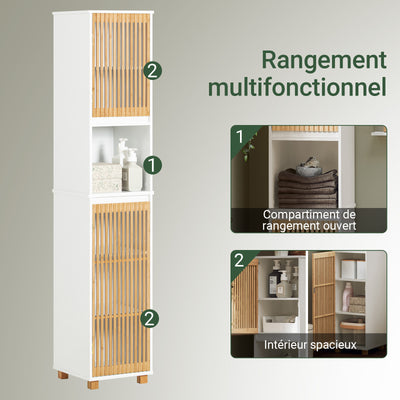 SoBuy BZR127-W Colonne Salle de Bain Rangement Fonctionnel et Compact, Gain de Place, pour Salle de Bain et WC – L33×P33×H165 cm, Bambou, Blanc et Naturel