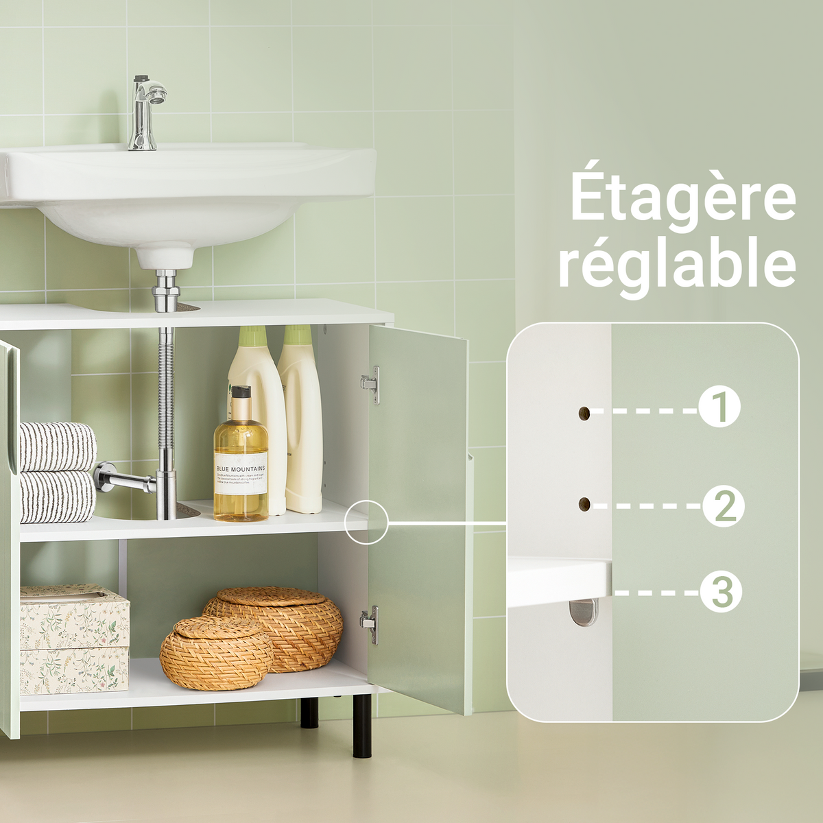 SoBuy BZR139-GR Meuble sous-lavabo 60 × 30 × 60 cm – 2 Portes, Tablette Réglable, Vert et Blanc