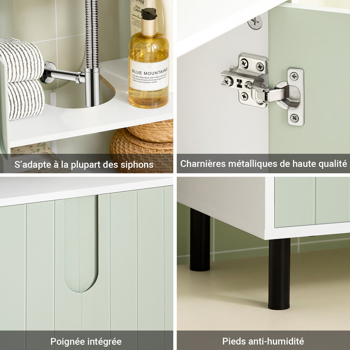 SoBuy BZR139-GR Meuble sous-lavabo 60 × 30 × 60 cm – 2 Portes, Tablette Réglable, Vert et Blanc