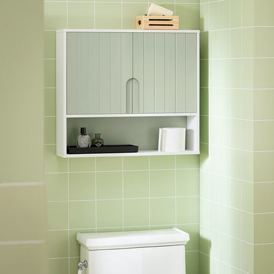 SoBuy BZR140-GR Armoire Murale de Salle de Bain – 60 × 15 × 54 cm, 2 Portes et Niche Ouverte, Vert et Blanc