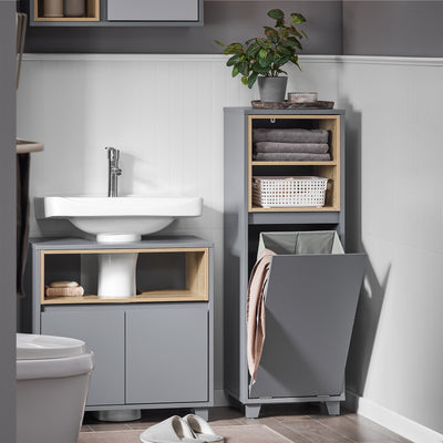 SoBuy BZR146-DG Meuble Bas de Salle de Bain, Meuble Demi-Colonne sur Pied, Placard WC Étroit avec 1 Panier à Linge