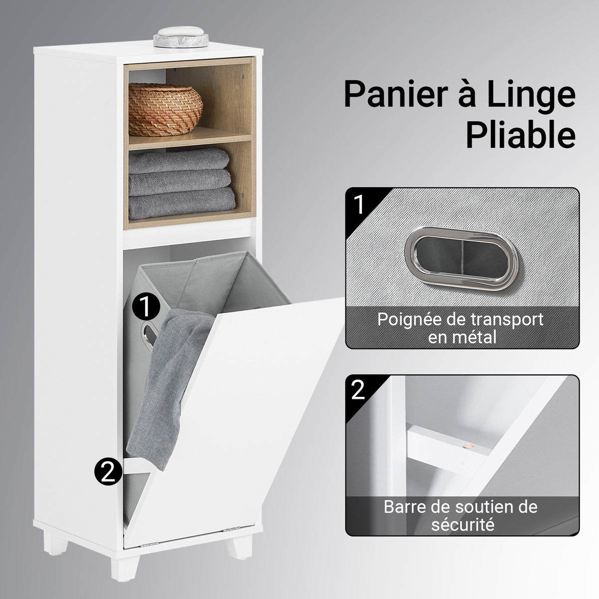 SoBuy BZR146-W Meuble Bas de Salle de Bain, Armoire de Rangement Salle de Bain, Meuble Demi-Colonne sur Pied, Placard WC Étroit avec 1 Panier à Linge, Blanc, 35x30x105cm