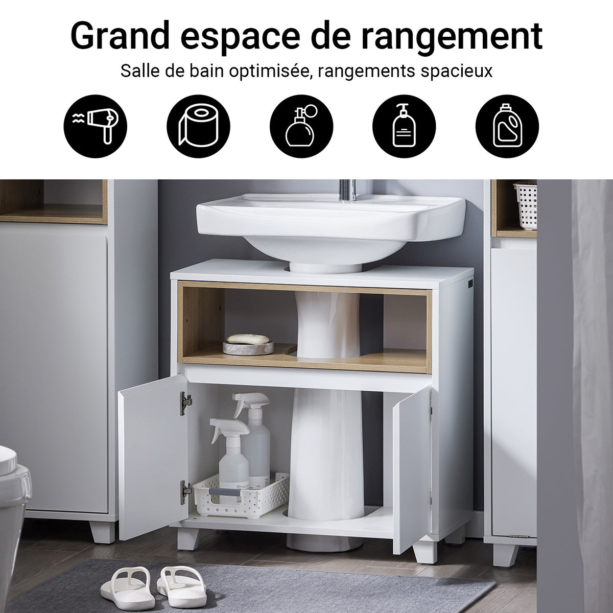 SoBuy BZR148-W Meuble Sous Lavabo de Salle de Bain, Meuble Sous Vasque à 2 Portes