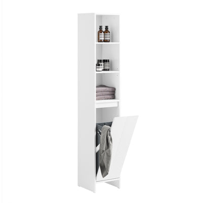 SoBuy BZR158-W Meuble Salle de Bain avec Panier à Linge Colonne Salle de Bbain Armoire Haute Étroite en MDF Blanc avec Étagèr