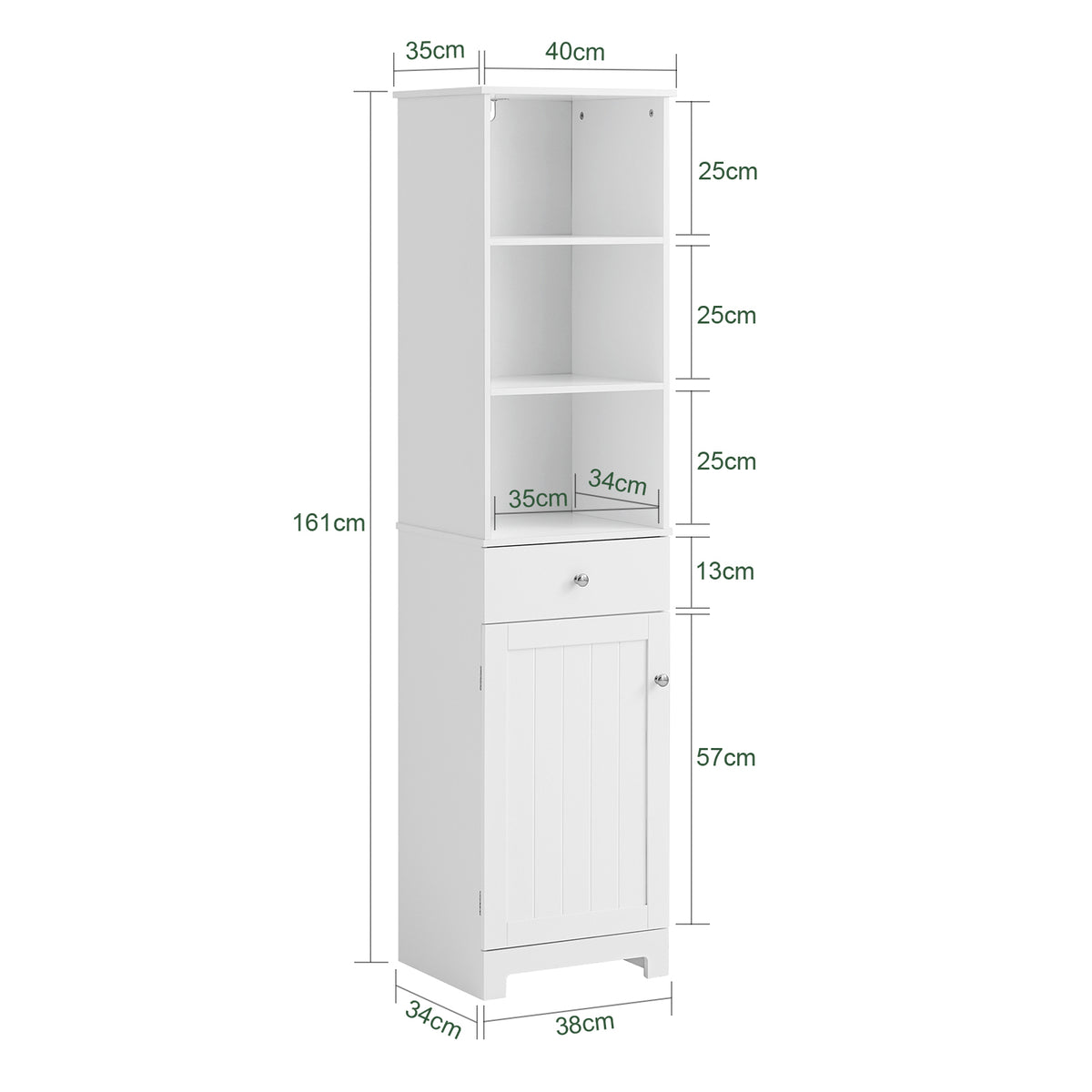 SoBuy BZR17-W Colonne Salle de Bain Meuble Salle de Bain Rangement avec Armoire et 3 Étagères Ouvertes, Petit Meuble Compact avec 1 Tiroir pour WC, Chambre 40x161x35 cm