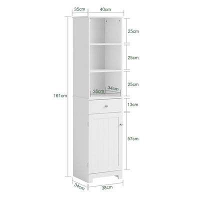 SoBuy BZR17-W Colonne Salle de Bain Meuble Salle de Bain Rangement avec Armoire et 3 Étagères Ouvertes, Petit Meuble Compact avec 1 Tiroir pour WC, Chambre 40x161x35 cm