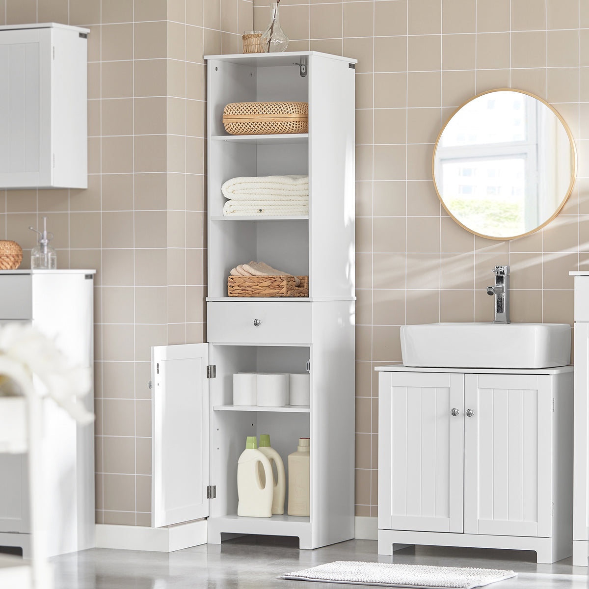 SoBuy BZR17-W Colonne Salle de Bain Meuble Salle de Bain Rangement avec Armoire et 3 Étagères Ouvertes, Petit Meuble Compact avec 1 Tiroir pour WC, Chambre 40x161x35 cm
