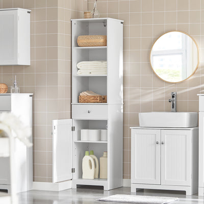 SoBuy BZR17-W Colonne Salle de Bain Meuble Salle de Bain Rangement avec Armoire et 3 Étagères Ouvertes, Petit Meuble Compact avec 1 Tiroir pour WC, Chambre 40x161x35 cm