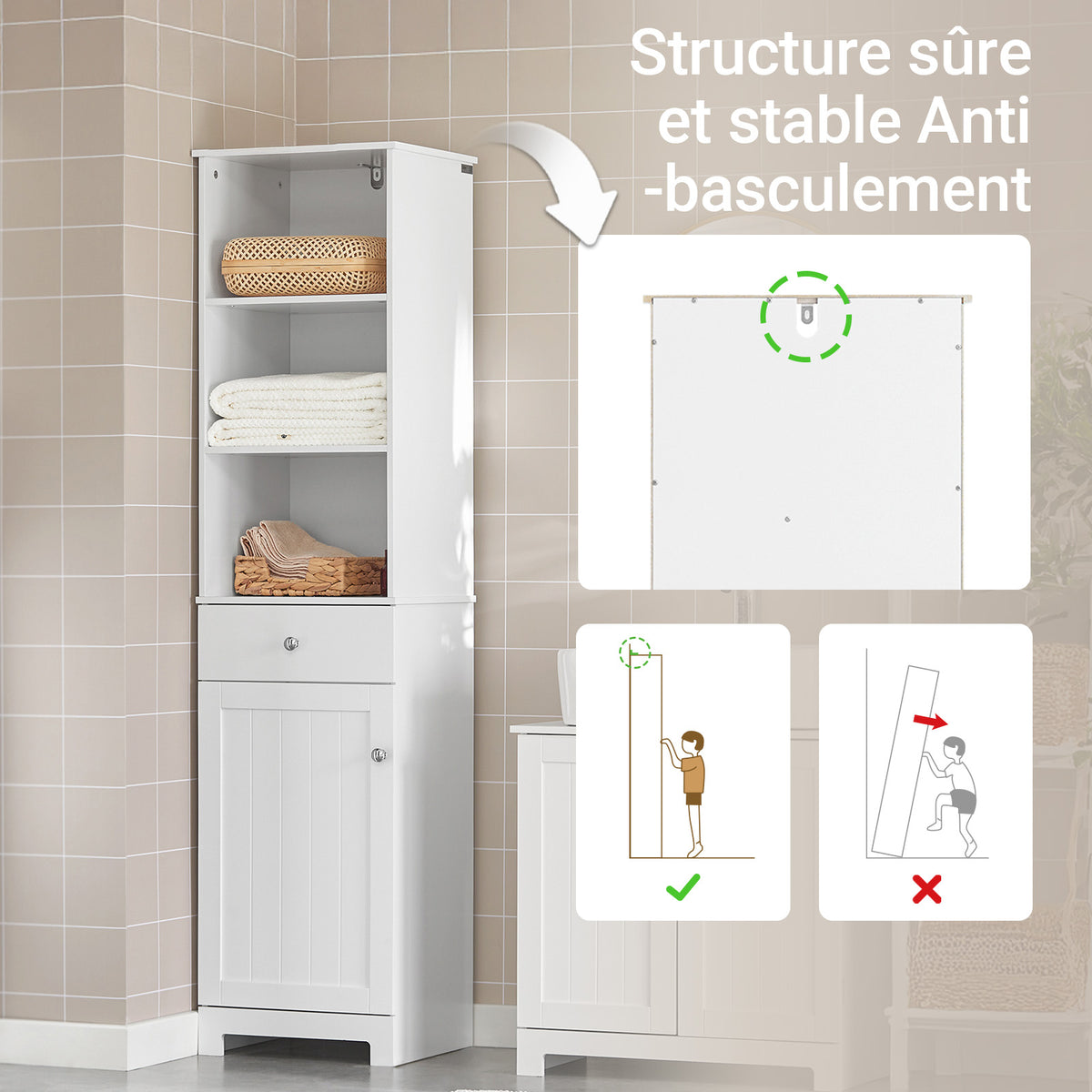 SoBuy BZR17-W Colonne Salle de Bain Meuble Salle de Bain Rangement avec Armoire et 3 Étagères Ouvertes, Petit Meuble Compact avec 1 Tiroir pour WC, Chambre 40x161x35 cm