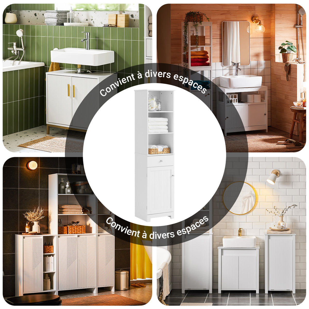 SoBuy BZR17-W Colonne Salle de Bain Meuble Salle de Bain Rangement avec Armoire et 3 Étagères Ouvertes, Petit Meuble Compact avec 1 Tiroir pour WC, Chambre 40x161x35 cm