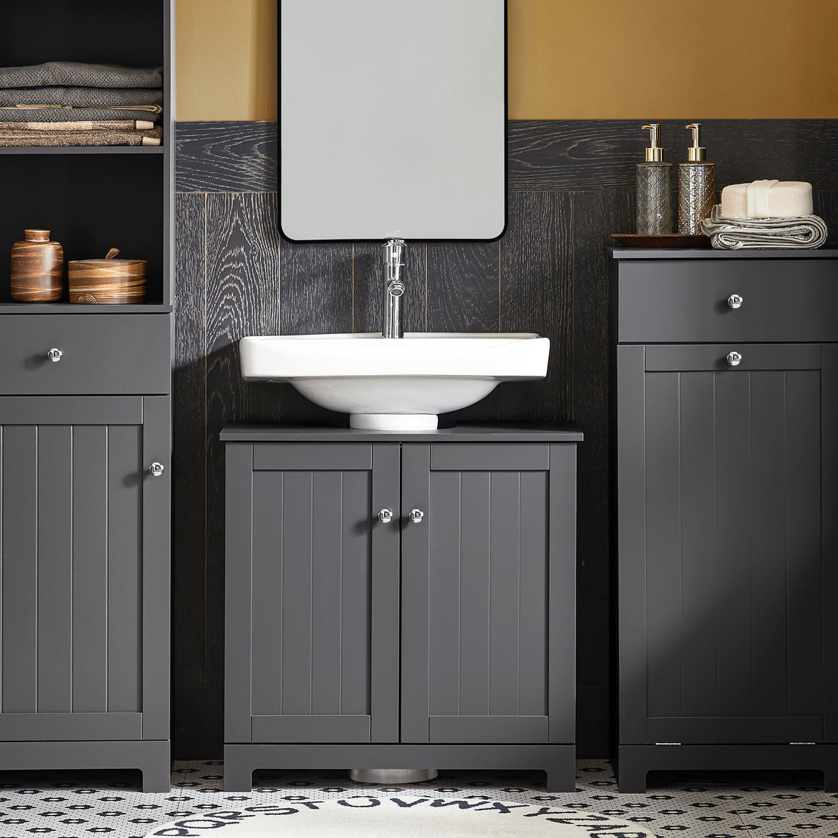 SoBuy BZR18-II-DG Meuble sous-Lavabo à 2 étages et 2 Portes Meuble de Rangement de Salle de Bain - L60cm x P30cm x H60cm