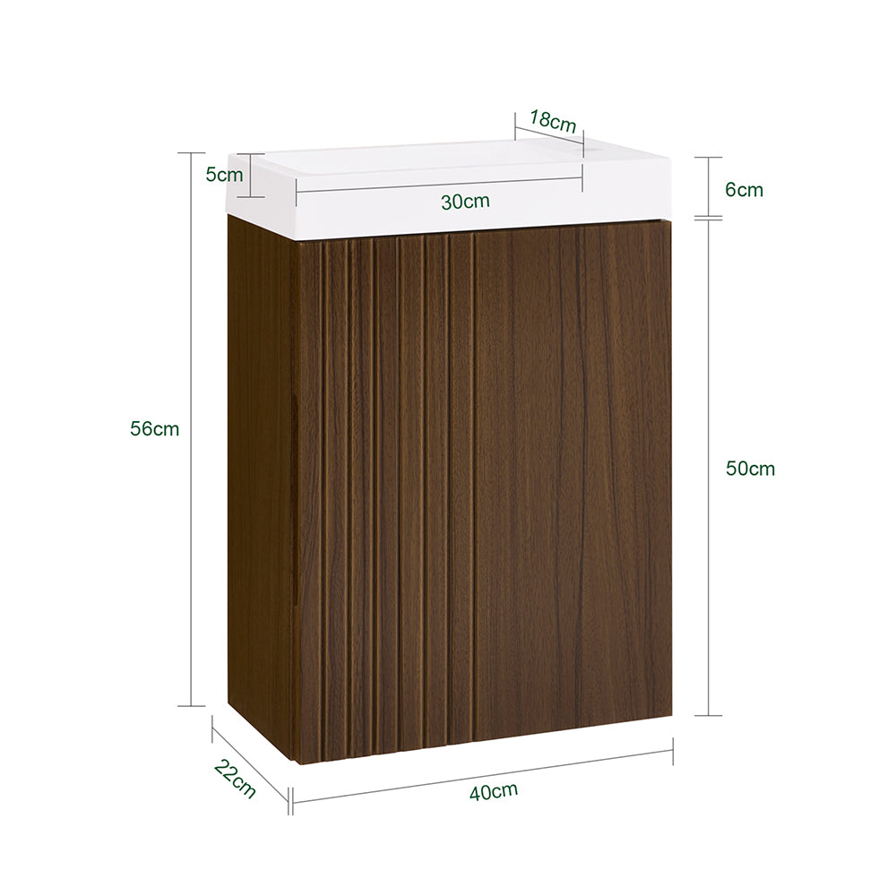 SoBuy BZR196-BR Meuble Lave-Mains Suspendu 40 × 22 × 56 cm avec Lavabo Céramique et Porte à Fermeture Douce – Effet Bois Foncé