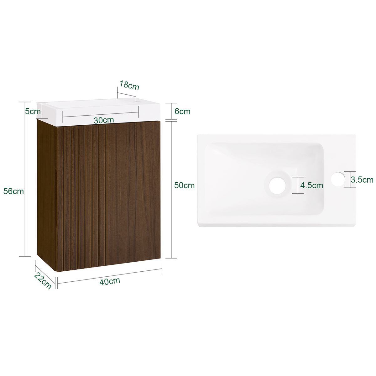 SoBuy BZR196-BR Meuble Lave-Mains Suspendu 40 × 22 × 56 cm avec Lavabo Céramique et Porte à Fermeture Douce – Effet Bois Foncé