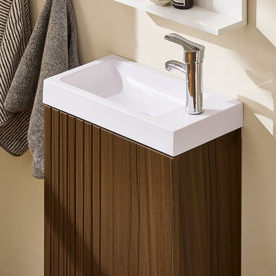 SoBuy BZR196-BR Meuble Lave-Mains Suspendu 40 × 22 × 56 cm avec Lavabo Céramique et Porte à Fermeture Douce – Effet Bois Foncé