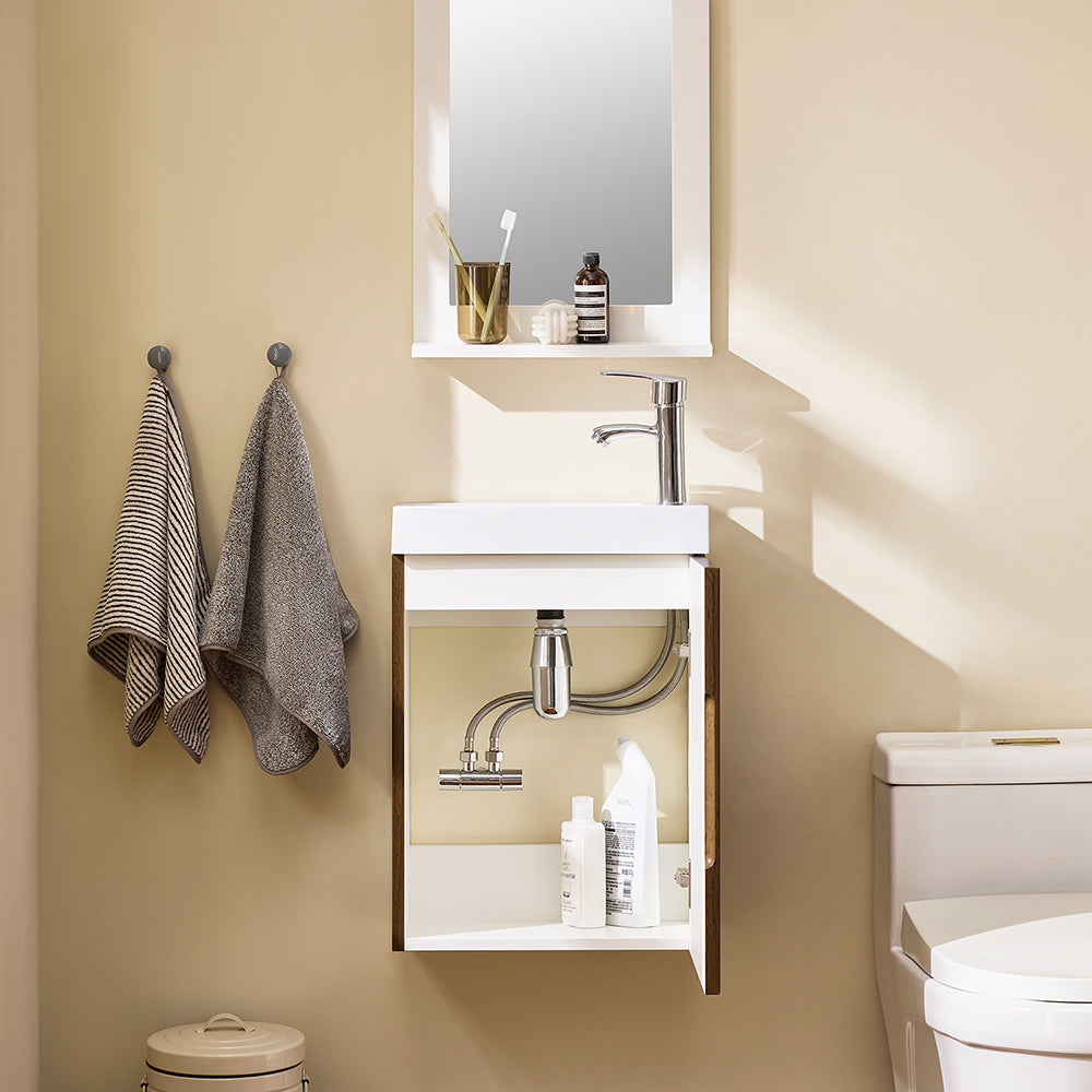 SoBuy BZR196-BR Meuble Lave-Mains Suspendu 40 × 22 × 56 cm avec Lavabo Céramique et Porte à Fermeture Douce – Effet Bois Foncé