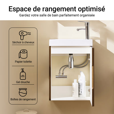 SoBuy BZR196-BR Meuble Lave-Mains Suspendu 40 × 22 × 56 cm avec Lavabo Céramique et Porte à Fermeture Douce – Effet Bois Foncé